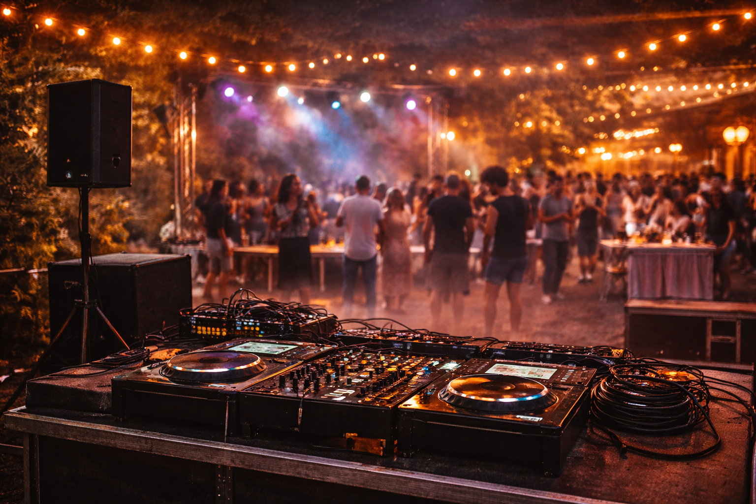 Portable stage rental set up outdoors at a Charlotte NC event with string lights